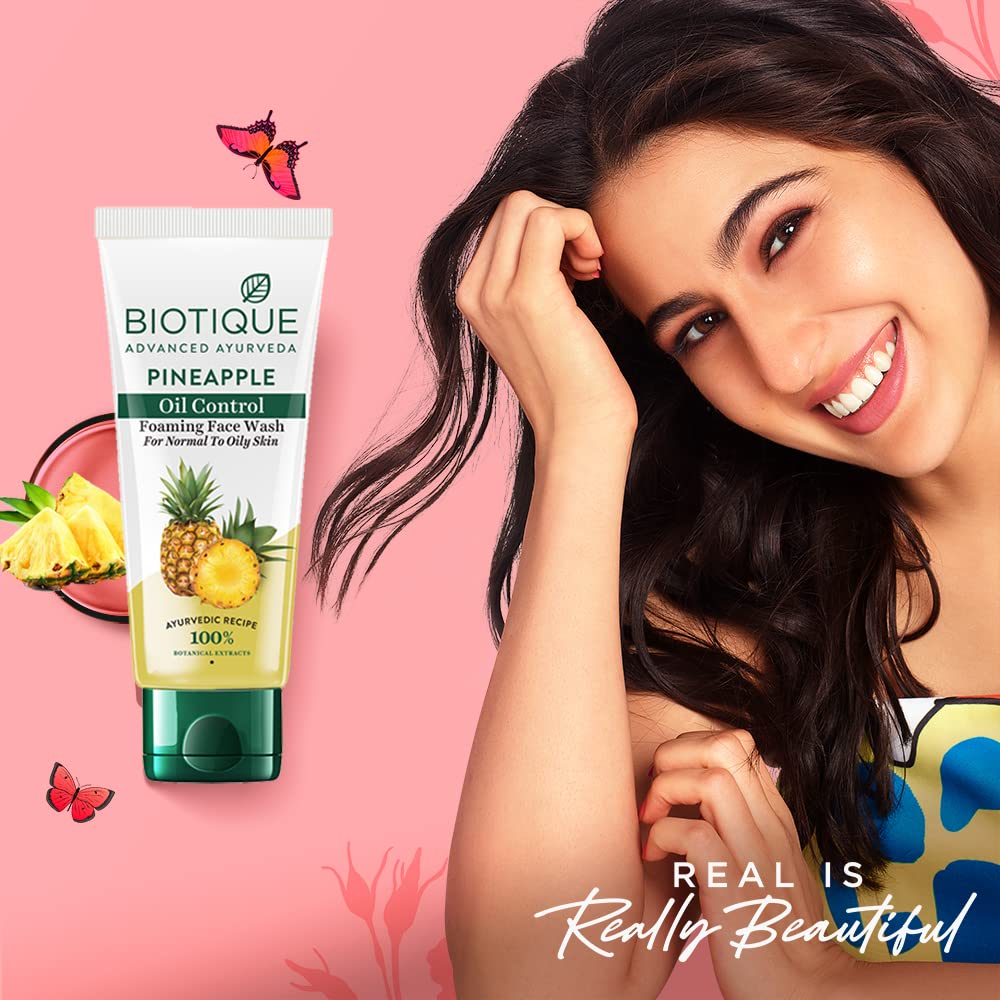 Biotique Pineapple Oil Control Foaming Face Wash | Hydrates dry skin | Eliminates Excess Oil | Evens Skin Tone | 100% Botanical Extracts | Suitable for All Skin Types | 50ml