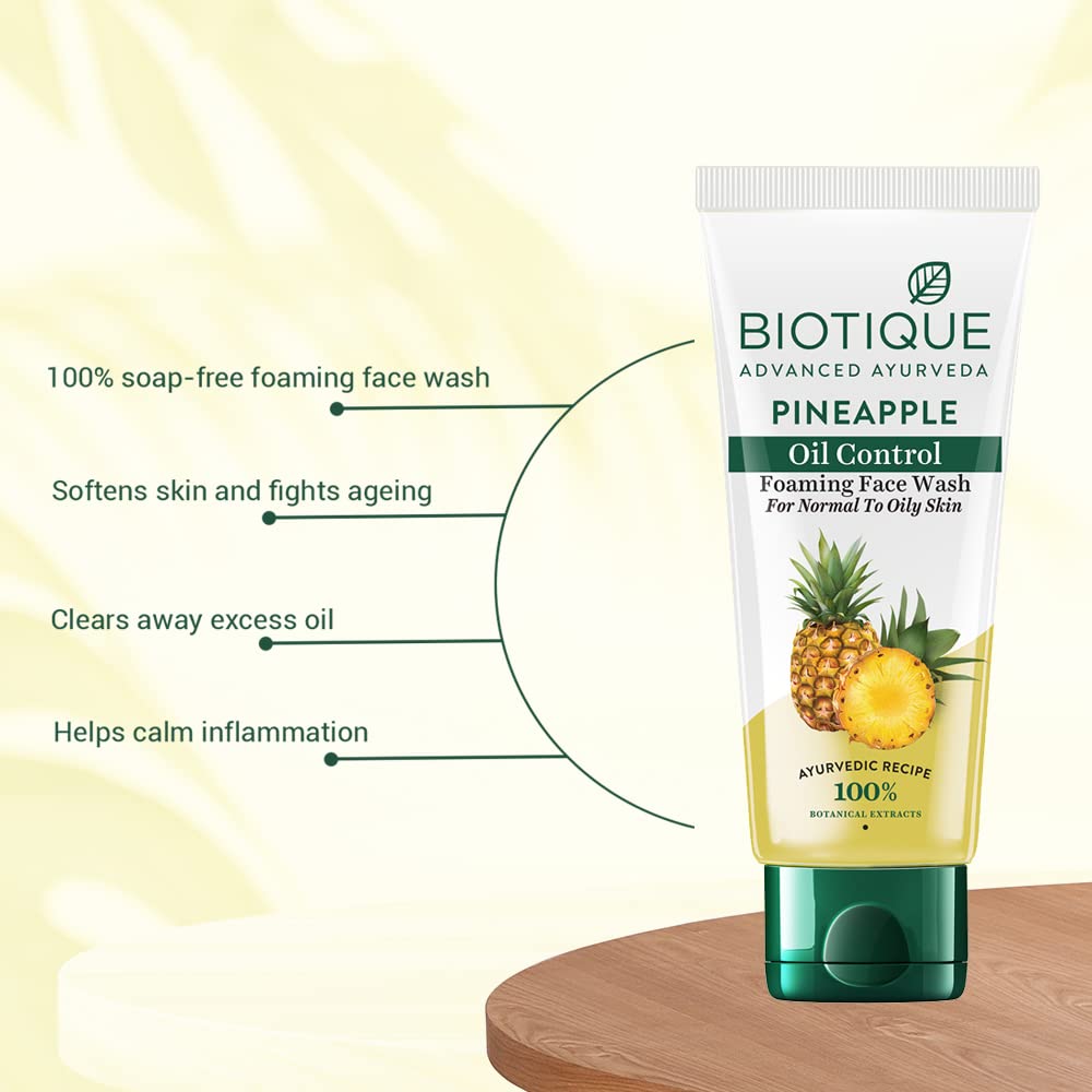 Biotique Pineapple Oil Control Foaming Face Wash | Hydrates dry skin | Eliminates Excess Oil | Evens Skin Tone | 100% Botanical Extracts | Suitable for All Skin Types | 50ml