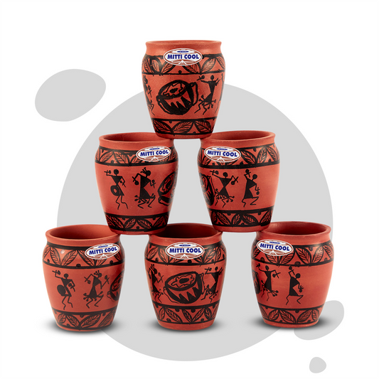 Earthen Clay Warli Timpali Glass Set - 100 ml, 6-Piece | Eco-Friendly, Artistic Red Glasses for Healthy Living