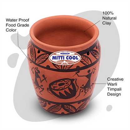 Earthen Clay Warli Timpali Glass Set - 100 ml, 6-Piece | Eco-Friendly, Artistic Red Glasses for Healthy Living