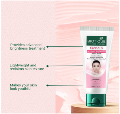 Biotique Face Glo Advance Brightening Fruit Cream | Visibly Flawless Skin | Lightens Skin Tone | 100% Botanical Extracts | Suitable for All Skin Types -65g