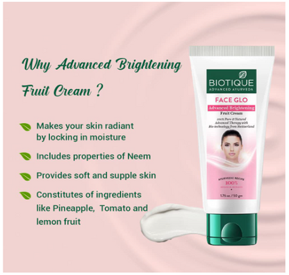 Biotique Face Glo Advance Brightening Fruit Cream | Visibly Flawless Skin | Lightens Skin Tone | 100% Botanical Extracts | Suitable for All Skin Types -65g