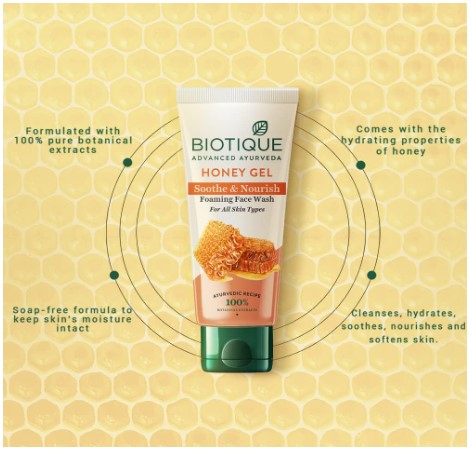 Biotique Honey Gel Soothe & Nourish Foaming Face wash | Soap Free Formula | Reduce Dryness | 100% Botanical Extracts | Suitable for All Skin Types | 50ml