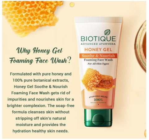 Biotique Honey Gel Soothe & Nourish Foaming Face wash | Soap Free Formula | Reduce Dryness | 100% Botanical Extracts | Suitable for All Skin Types | 50ml