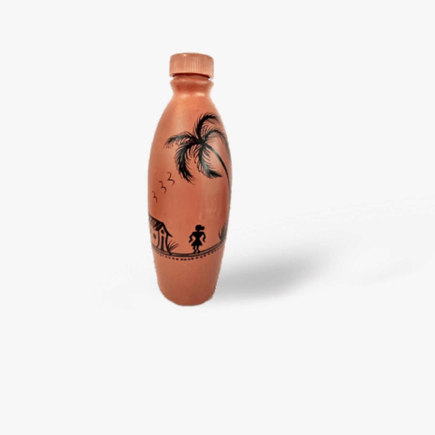Earthen Clay Water bottle with Painting-Coconut Tree