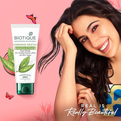 Biotique Morning Nectar Moisturize & Nourish Face Wash | Contains Wild Turmeric, Neem Leaves, & Morning Nectar | Visibly Flawless Skin | Suitable for All Skin Types | 50 ml