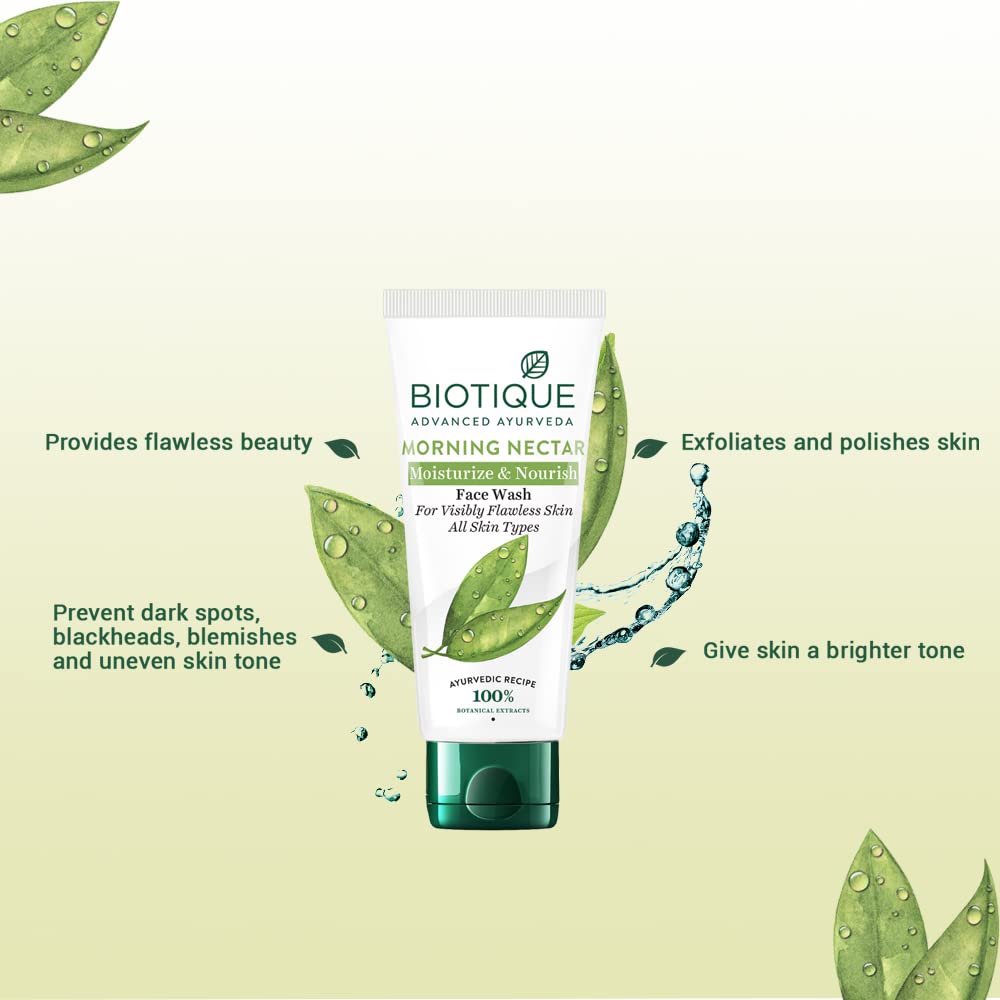 Biotique Morning Nectar Moisturize & Nourish Face Wash | Contains Wild Turmeric, Neem Leaves, & Morning Nectar | Visibly Flawless Skin | Suitable for All Skin Types | 50 ml