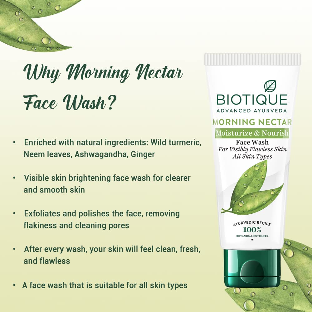 Biotique Morning Nectar Moisturize & Nourish Face Wash | Contains Wild Turmeric, Neem Leaves, & Morning Nectar | Visibly Flawless Skin | Suitable for All Skin Types | 50 ml