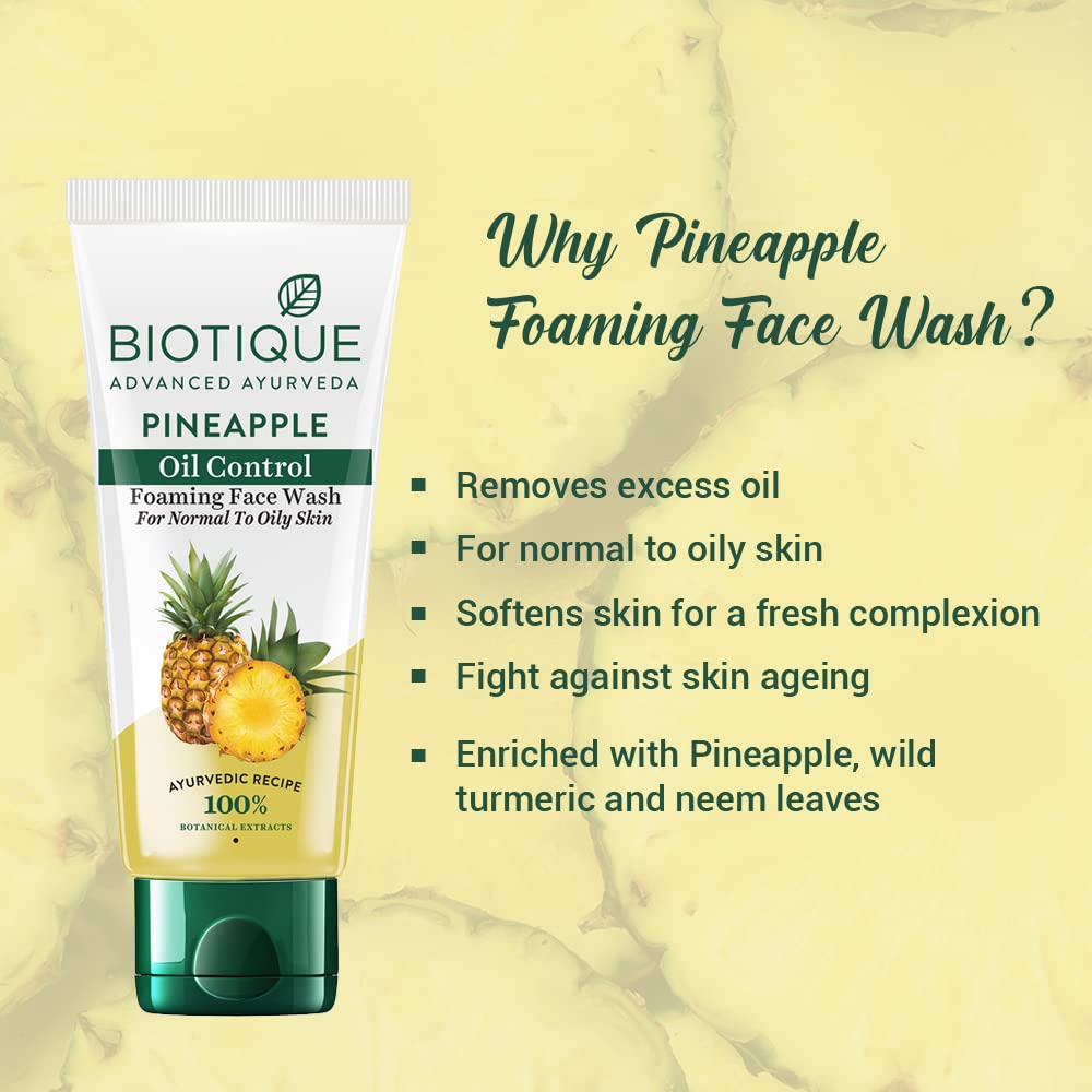 Biotique Pineapple Oil Control Foaming Face Wash | Hydrates dry skin | Eliminates Excess Oil | Evens Skin Tone | 100% Botanical Extracts | Suitable for All Skin Types | 50ml